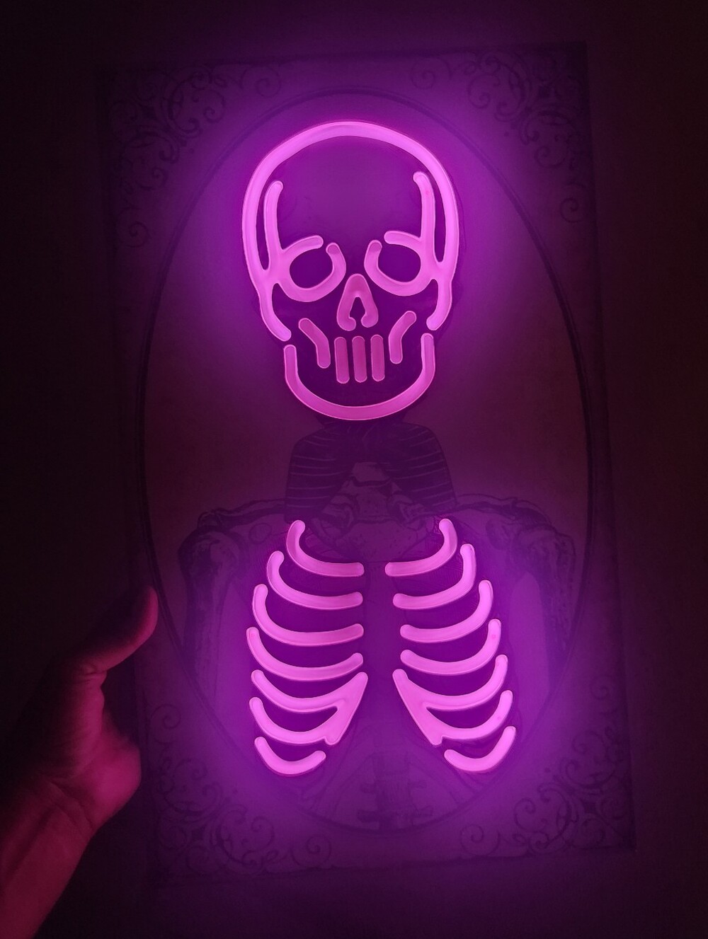 Halloween LED, Spooky Skeleton Wall Art Print in Cream and Black